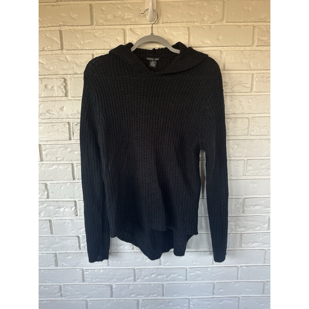 Audrey Lane Black Knit Hoodie Sweater Cozy Waffle Texture‎ Casual Lounge Top 1X
